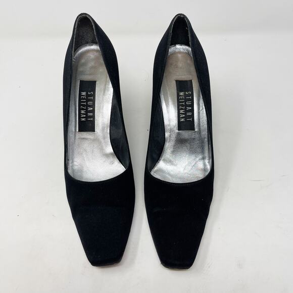 Stuart Weitzman 7 Black Scarlet Peau Du Soie Fabric Square Toe Pump Heel Vtg 90s - Picture 8 of 14